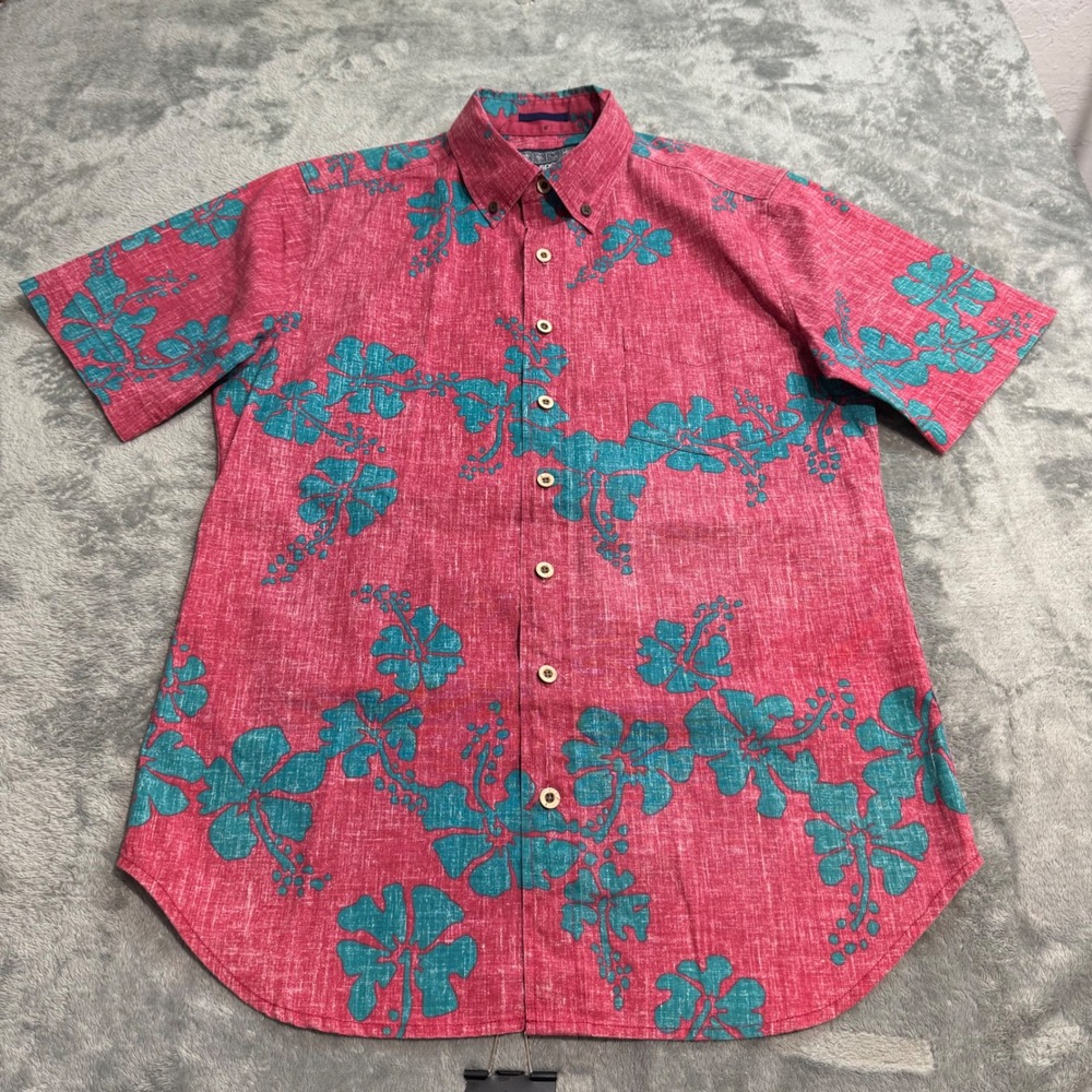Reyn Spooner Mens Small Red Teal Hibiscus Floral Button Down Shirt Short Sleeve